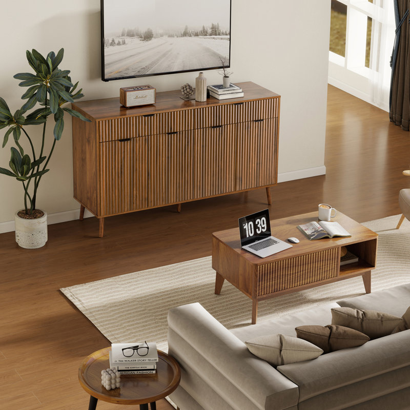 Table basse à plateau relevable en noyer avec meuble télé et buffet - Table basse cannelée avec rangement, bahuts et buffets de salon