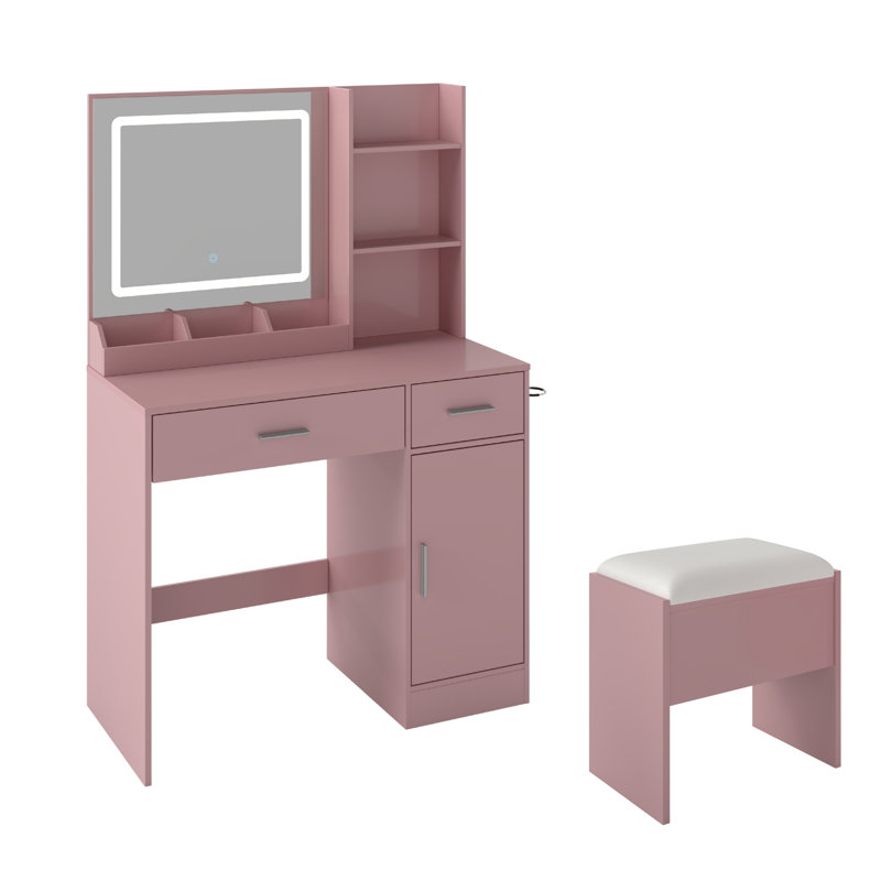 Lavin Makeup Vanity Set, Vanity Desk With Stool, LED Light Mirror And Charging Station, Pink