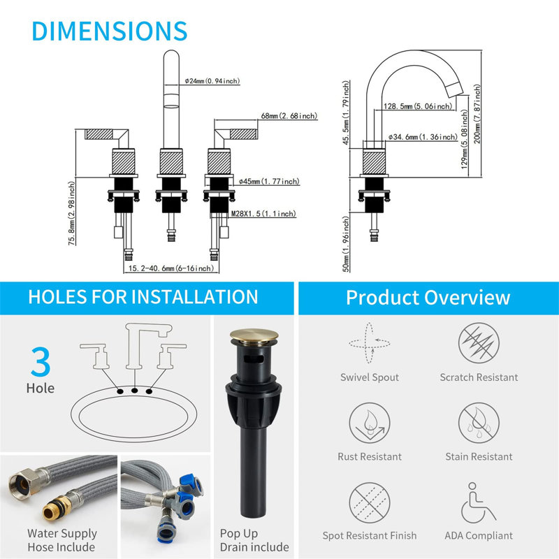 Widespread 2-handle Bathroom Faucet with Drain Assembly, Brushed Gold