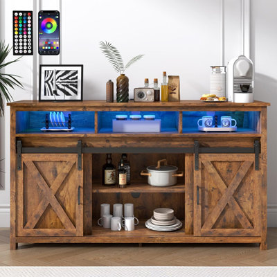 Coffee Bar Cabinet With Power Outlet, Rustic Brown Sideboard Buffet Storage Cabinet, Wooden Serving Table Cupboard For Dining Room Or Living Room
