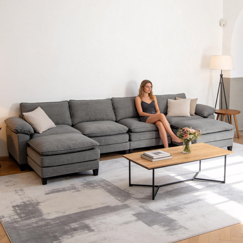 Canapé modulaire de 113 po avec housses amovibles en chenille de 113 po, Gris chenille, H 37,6 po x l 113 po x P 53 po