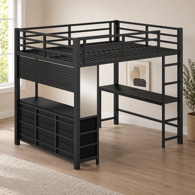 Lit mezzanine double avec bureau, tiroirs, lampe à DEL et port USB, couleur noire