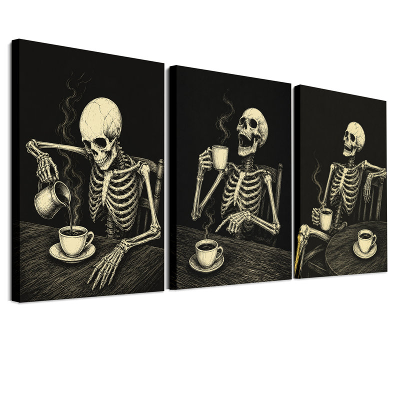 Ensemble de 3 toiles murales d'Halloween représentant un squelette versant et buvant du café, 36"H x 24"W x 3pcs