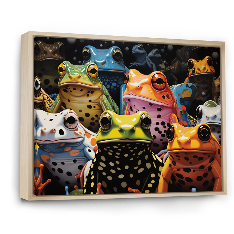 " Multicolor Pop Art Frogs ", Natural Floater Framed, 24" H x 32" W x 1" D