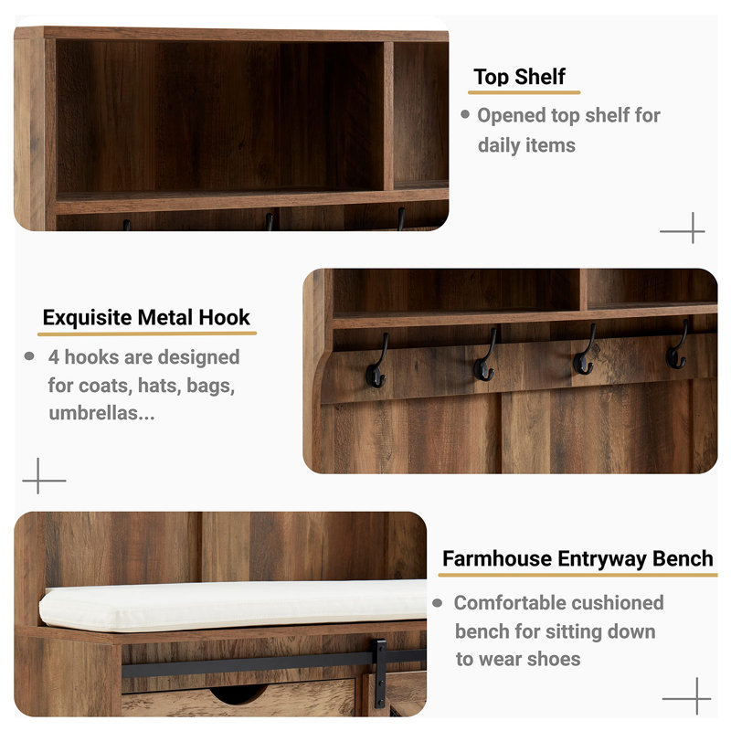 Syndi Hall Tree 40.6'' Wide with Bench and Shoe Storage, Rustic Oak