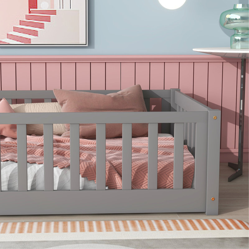 Javarri 17.5''H Bed Frame without Door,Floor Platform Bed with Fence, Grey
