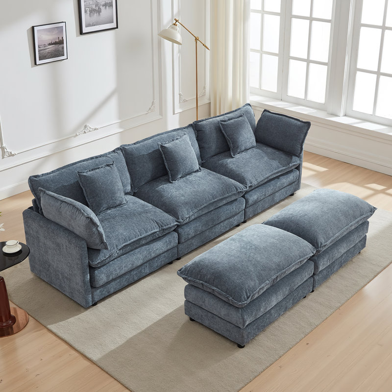 Shamilla U-Shaped Modular Sectional Sofa with 2 Ottomans – Soft Chenille Upholstery & Reversible Design, Blue