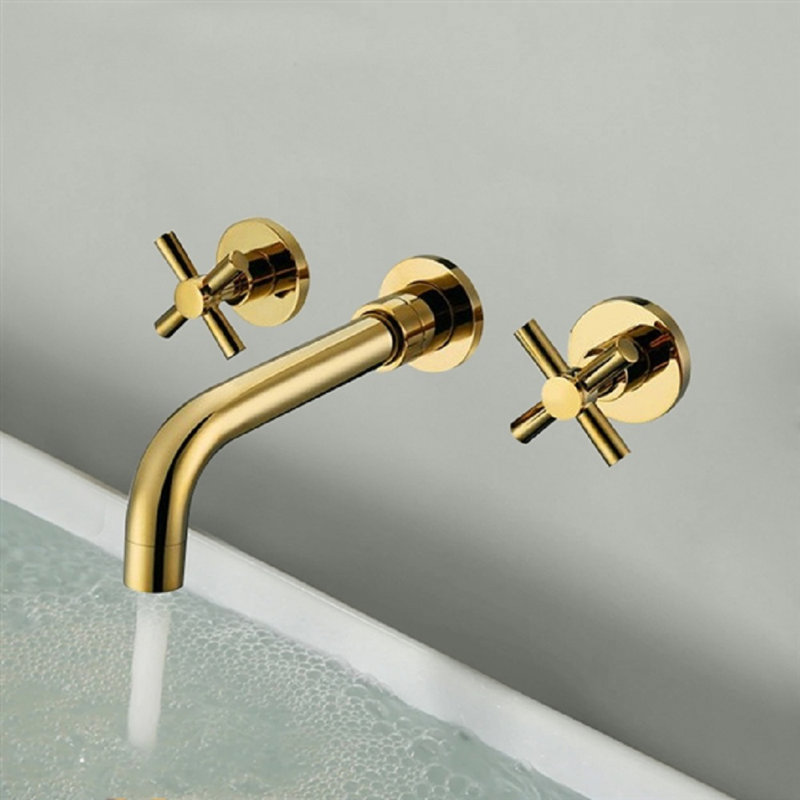 BathSelect Rennes Wall-Mounted Bathroom Faucet – Polished Gold Finish, Dual Cross Handles, Solid Brass Construction​