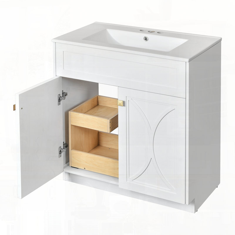 Meuble-lavabo autoportant moderne avec lavabo et portes en céramique, Blanc