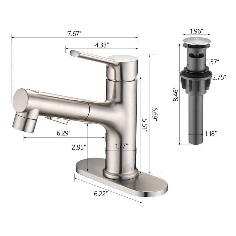 Single Handle Stainless Steel Bathroom Sink Faucet with Pull-Out Sprayer, Brushed Nickel