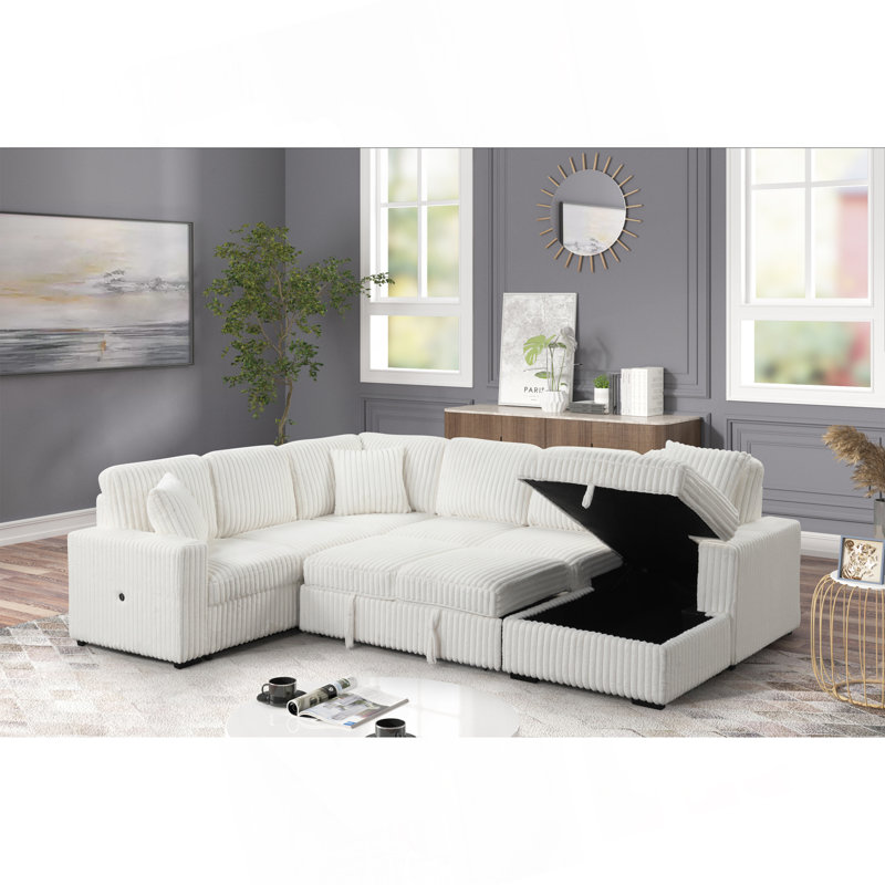 Grande Modern Style Sectional Sofa With USB-C, Sleeper Function & Storage Made With Wood In Cream, Cream