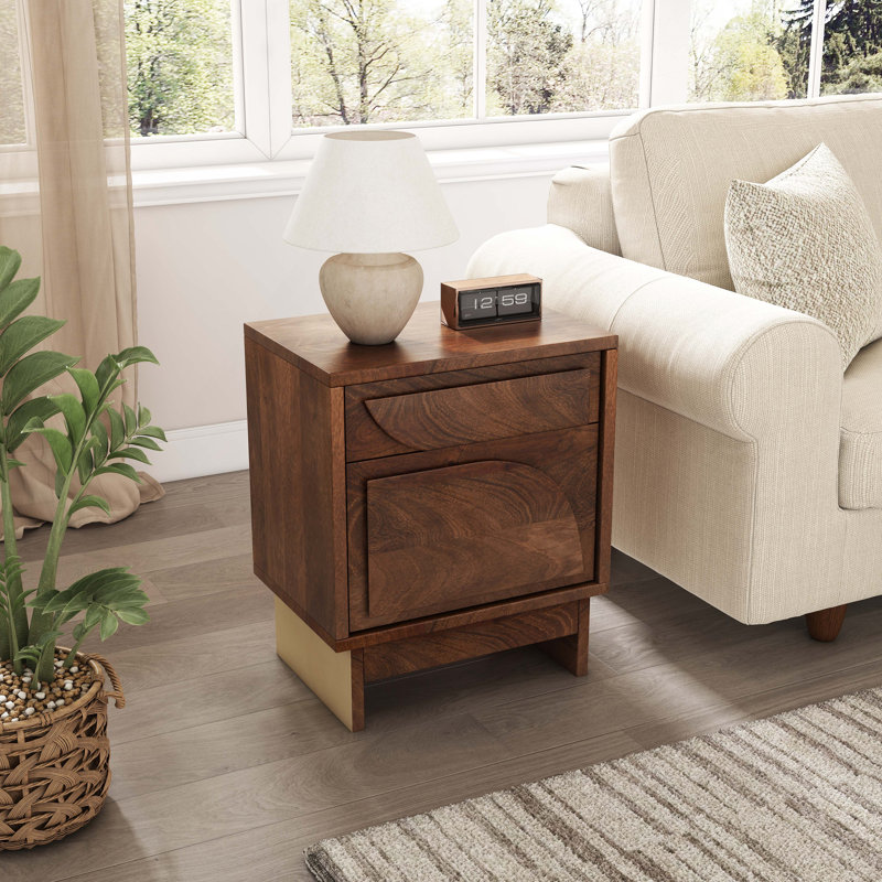 Table de chevet en bois avec 1 tiroir, finition noyer