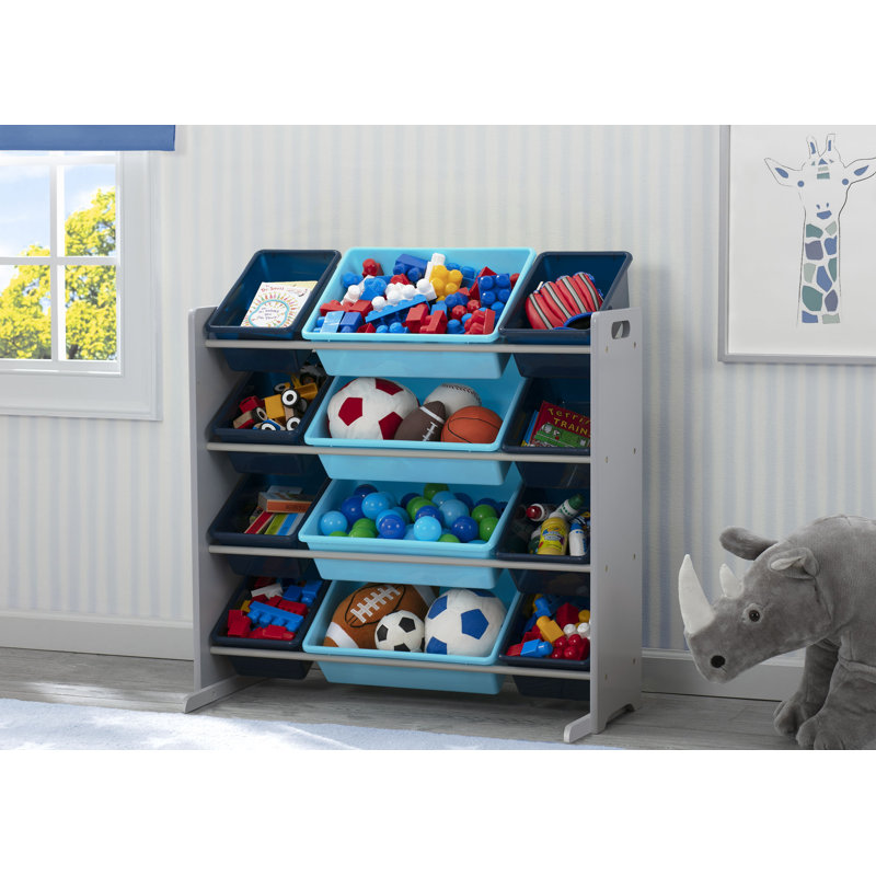 Gray and Blue Wooden Kids Toy Storage Organizer with 12 Plastic Bins