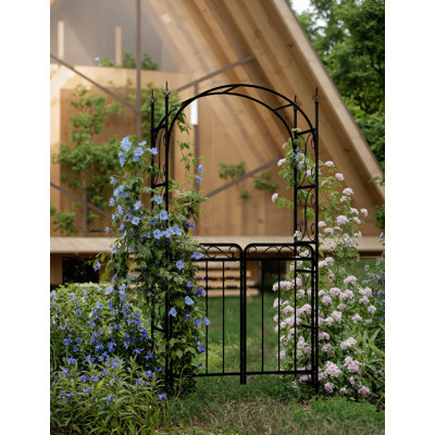 Sturdy 8 FT Metal Garden Arch Trellis with Gate - Heavy Duty Outdoor Arbor Archway for Climbing Plants, Roses, Vines - Perfect for Lawn, Patio, Backyard, Wedding - Color: Black
