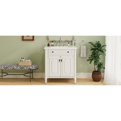 Meuble-lavabo vintage 31 po avec lavabo, armoire de salle de bain rustique avec portes à fermeture en douceur et tablette réglable, conception à profil courbé, pieds en bois d'hévéa