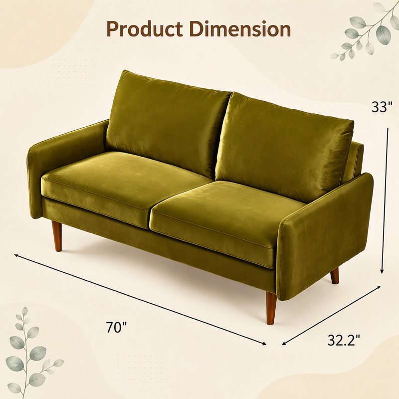 Canapé moderne en velours avec pieds fuselés en bois, Polyester vert olive