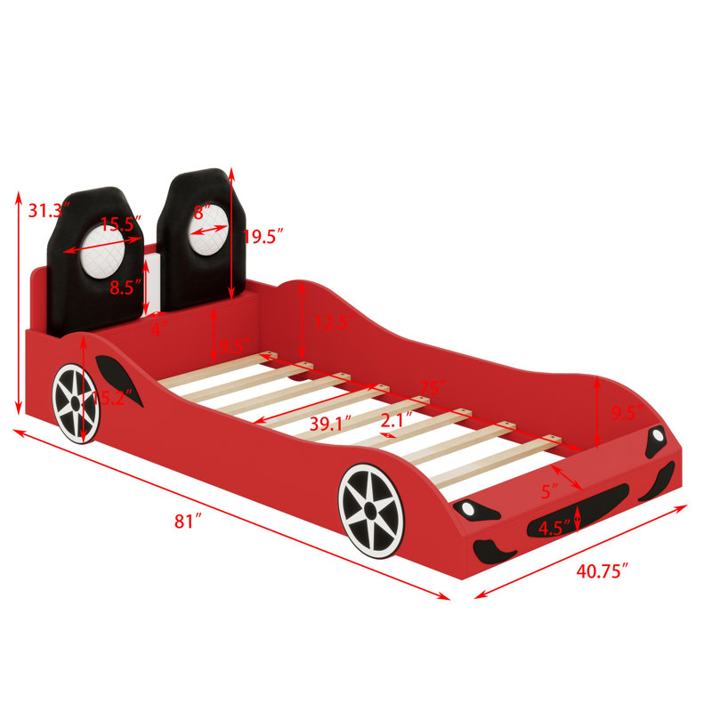 Lit plateforme de voiture de course moderne avec dossier rembourré, Rouge