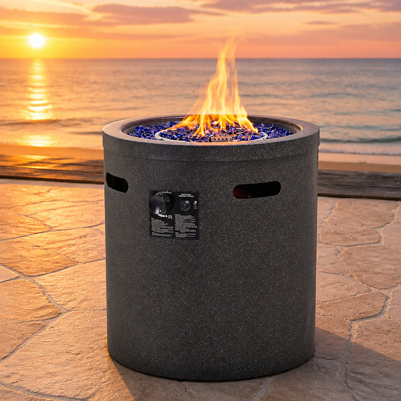 22 Inch Outdoor Propane Fire Pit Column, 50000 BTU Round Black Metal Fire Pit Table with Fire Glass, Lid and Rain Cover for Patio Backyard