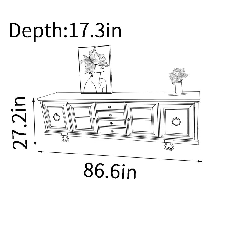 Meuble télé gris clair haut de gamme, H 27,2 po x L 86,6 po x l 17,3 po