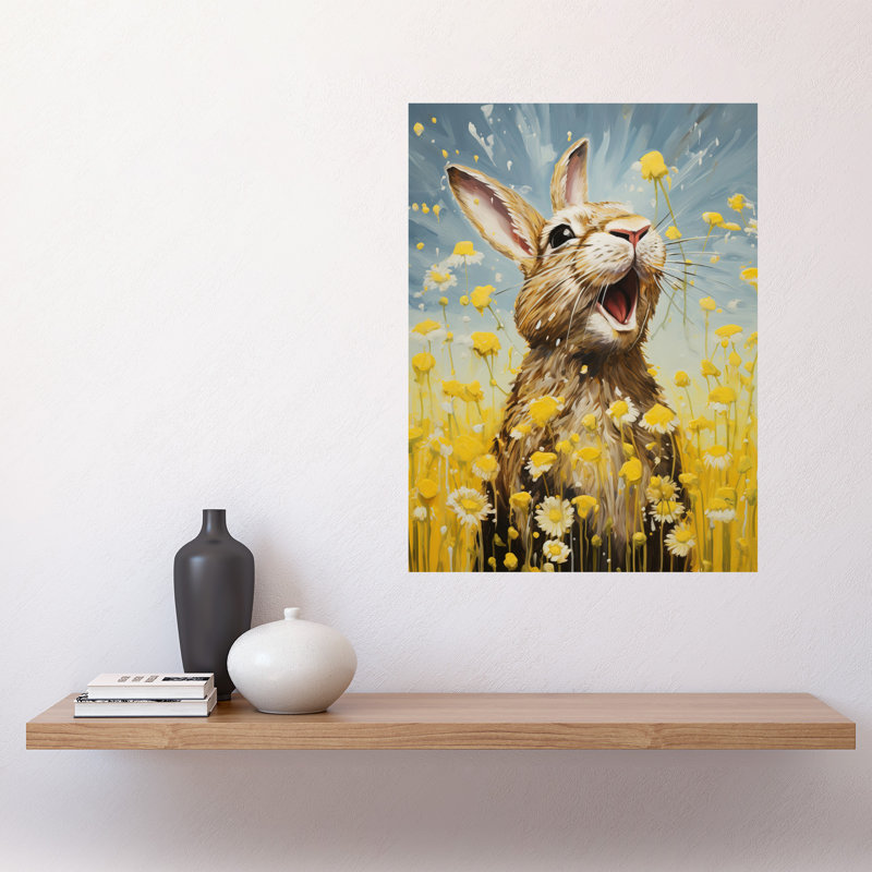 Wall Art Print The Happy Bunny Rabbit Playing in a Field of Daisies Vibrant Oil Painting Kids Bedroom Bright Summer Meadow Poster