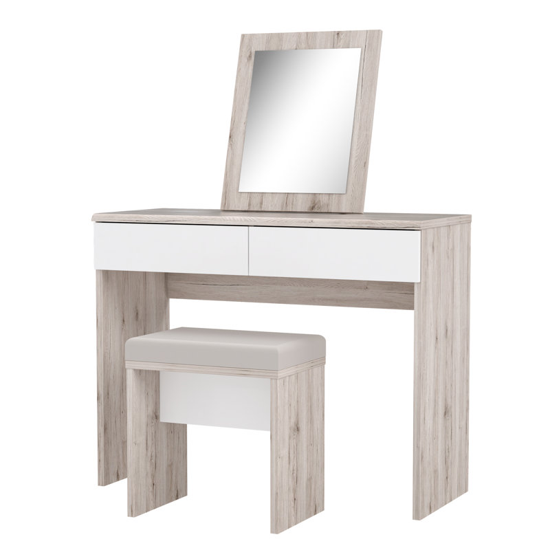 Violette Dressing Table with Mirror, Sand Oak/White Gloss