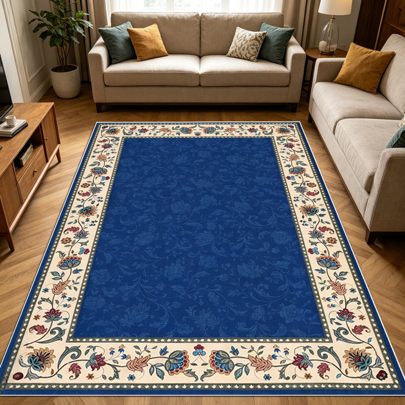 1PC Vintage Floral Bordered Royal Blue area rugs for Living Room, Soft and Comfortable, Suitable for all seasons, easy-to-maintain, machine washable Indoor floor mat, Under Table Farmhouse suitable for dining table, coffee table, bedroom, entryway,