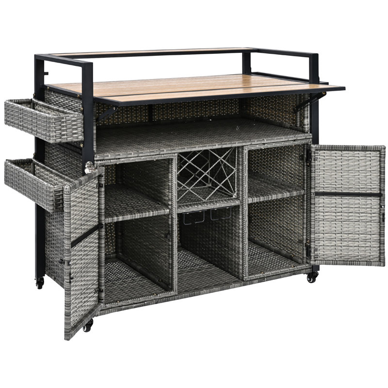 Chariot gril roulant extérieur gris avec cadre en acier, plateau de table allongé, conception pliable, plusieurs espaces de rangement, accessoires pour le vin - table en bois, rangement, épice, porte-verre, roues verrouillables,
