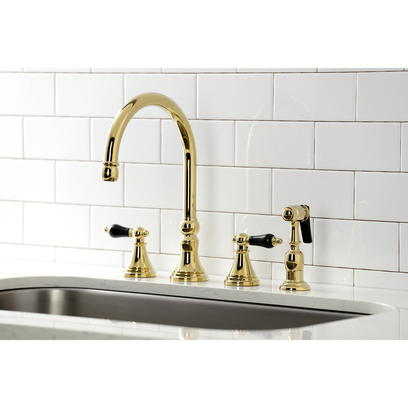 Kingston Brass Duchess Double-Handle 4-Hole Widespread Kitchen Faucet with Brass Sprayer, Polished Brass
