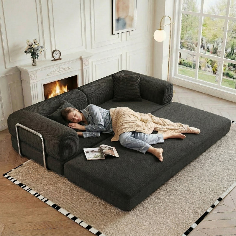 78.8 Inch Corduroy Compression 4-in-1 Convertible Sleeper Sofa Bed, Futon Couch with Pillow Back Support Armrest & Removable Washable Cover for Living Room