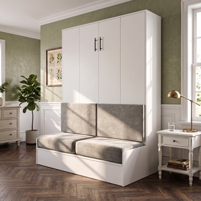 Lit escamotable convertible Queen avec banquette de rangement, siège rembourré et 4 oreillers