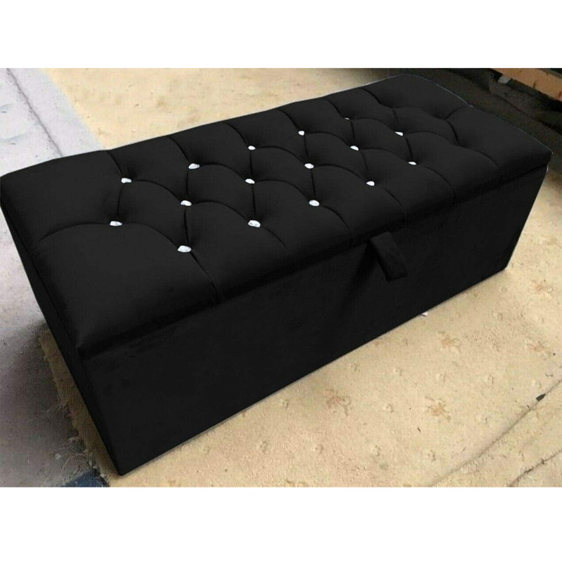 45cm Wide Tufted Rectangle Solid Colour Footstool Ottoman, Black