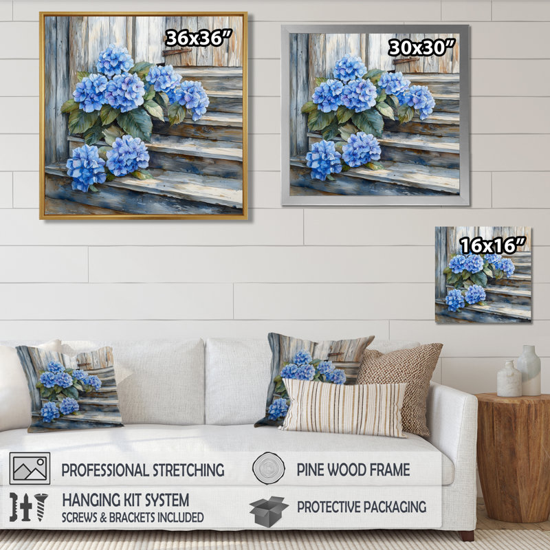 Hydrangeas on the Barn Steps I - Hydrangea Wall Art for Living Room, Impression encadrée flottante, Noir, noir, noir, noir