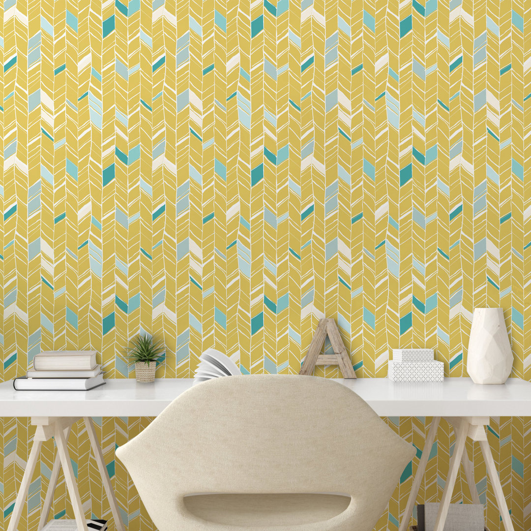 Abzieh- und Klebetapete, Herringbone Kunst, Yellow Chevron, Blassblau Senf