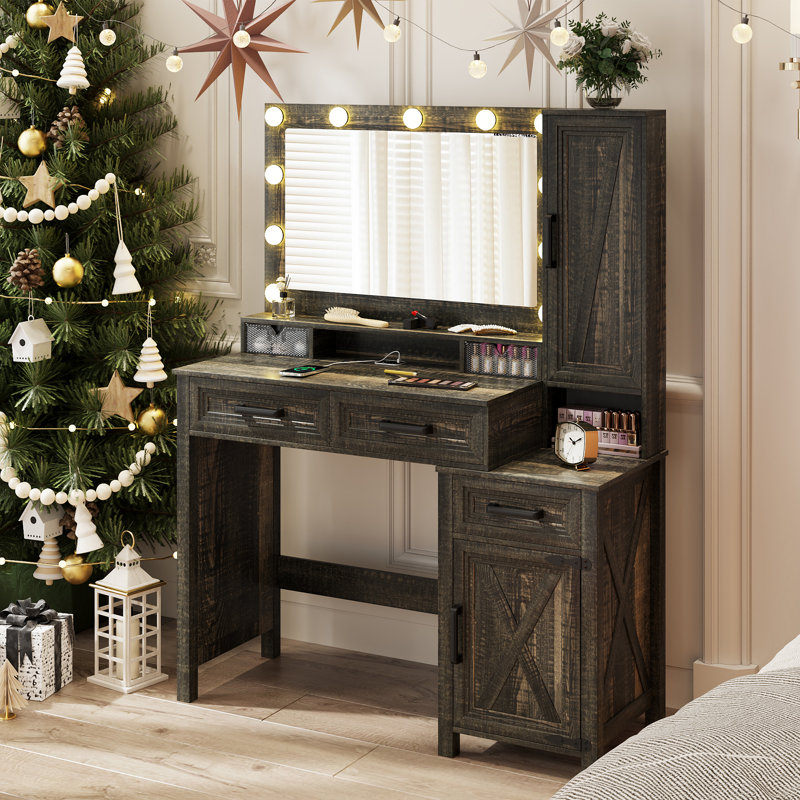 Modern Makeup Vanity Desk With 3-color Led Mirror And Motion Sensor, Brown