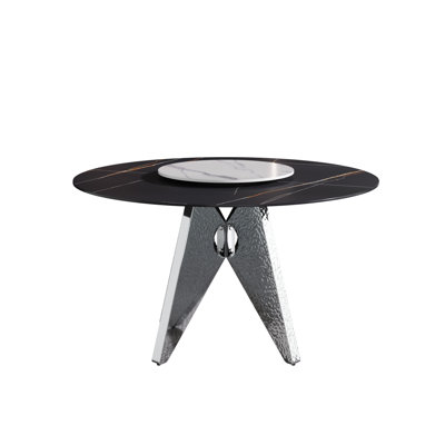 53" Round Dining Table With Stainless Steel Base & Fire Sintered Stone Top, 6 Capacity Table, Black White, Base, Top 23.62" Turntable,