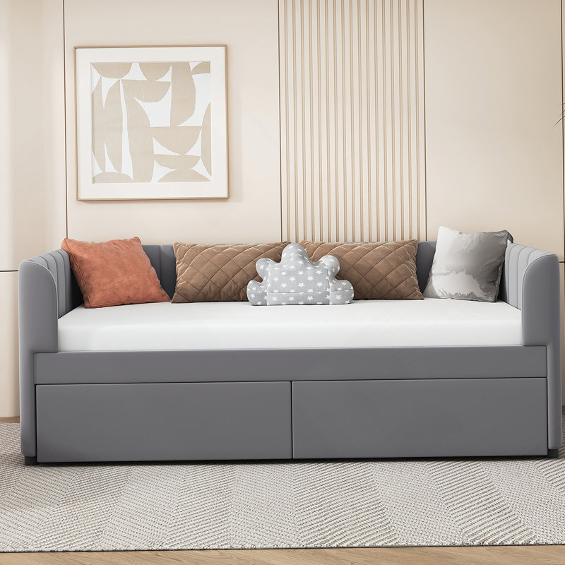 Lit de jour rembourré avec dossier ergonomique et 2 tiroirs, Gris