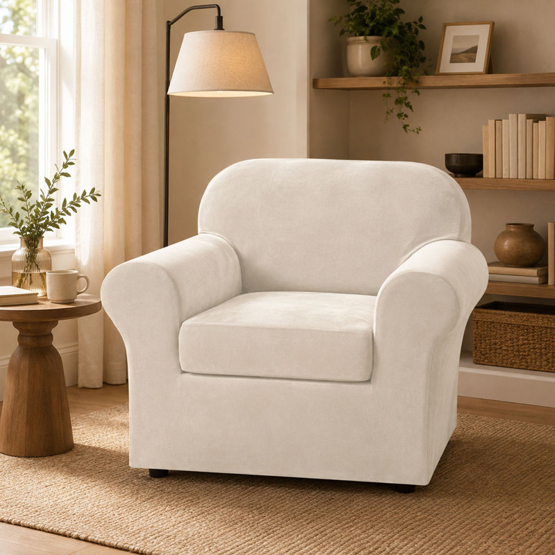 Housse 2 pièces pour fauteuil en velours extensible avec housse de coussin