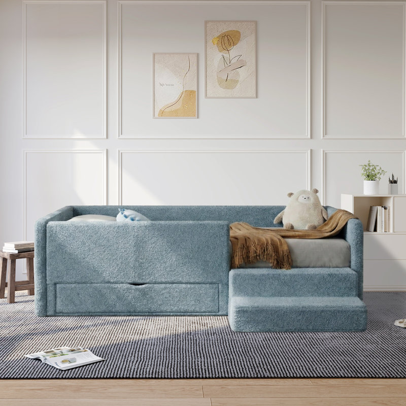 Boucle Upholstered Semi-Enclosed Daybed With Storage Drawer And Two-Step Foam Step Stool, Blue
