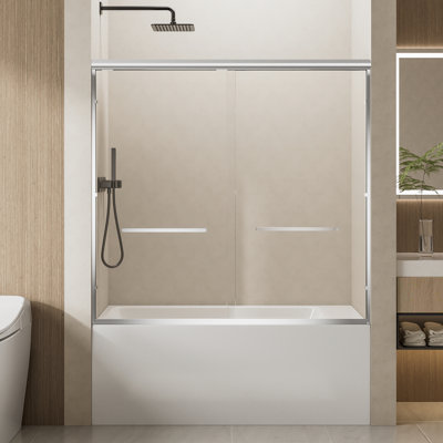60” Wide X 57” High Aluminum Frame Double Sliding Bathtub Door, 1/4” Clear Tempered Glass, Soft-close Feature, Reversible For Distinct Bathroom Configurations, Glass With Reduced Breakage Risk 60”w