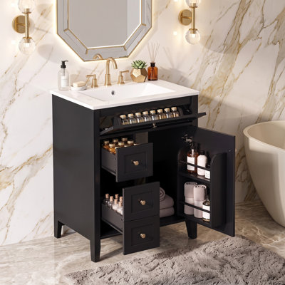 Meuble-lavabo moderne 24 po, lavabo en céramique, poignées en métal, porte à fermeture en douceur avec tablette de rangement