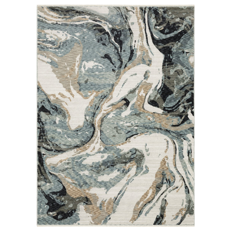 Maline Abstract Elements Steel Blue/ Ivory Area Rug, Rectangle 5'3" x 7'9"
