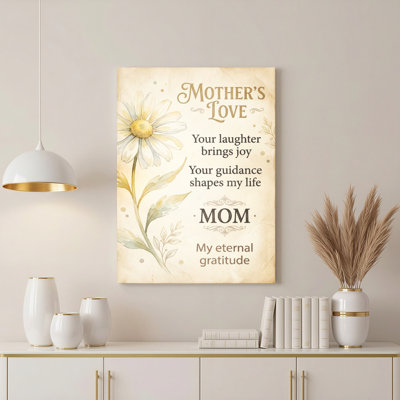 Tableau sur toile avec citation « Amour maternel » et motif marguerite, idéal pour la décoration intérieure et comme cadeau.