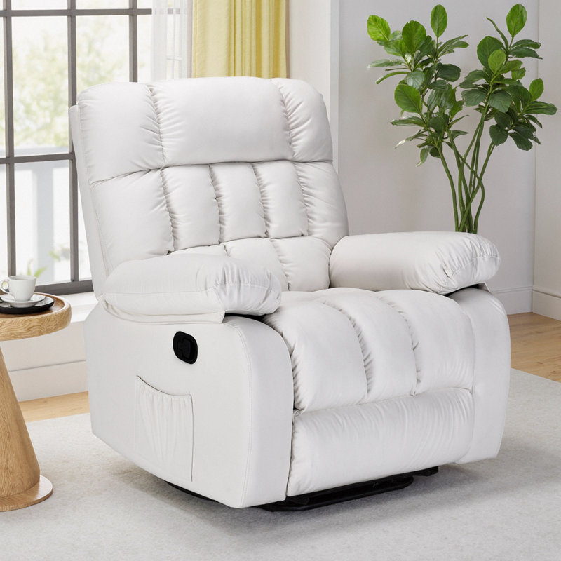 39" Manual Rocker Recliner, 110-160° Ergonomic PU Chair w/ Side Pocket & Extending Footrest, Beige