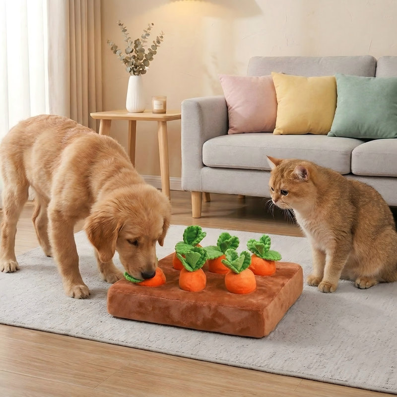 Tapis de jeu 2-en-1 pour chien, carafe en peluche, jeu de nez antidérapant, comprend 12 carottes