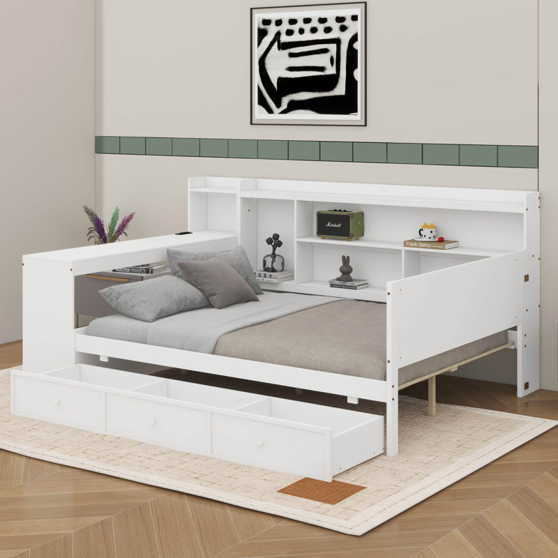 Full Size Wooden Daybed With Drawers, USB Ports And Desk, White