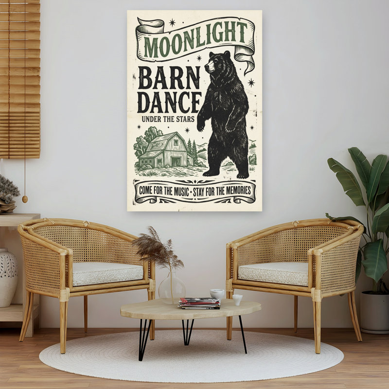 «Moonlight Barn Dance Bear», reproduction d'art rétro de paysage d'ours rustique serein, 60" H x 40" W