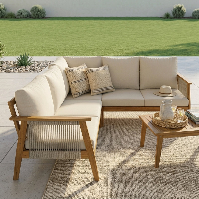 Ensemble de canapés modulaires d'extérieur en bois d'acacia 4 pièces avec tissage en corde et coussins hydrofuges, ensemble de conversation pour terrasse droite / gauche avec table basse