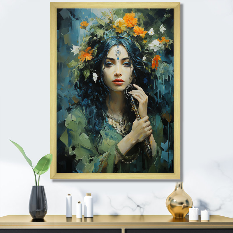 «Hinduism Krishna Flute God», reproduction d'art sur toile, Cadre doré simple, H 32 po x l 16 po x P 1 po