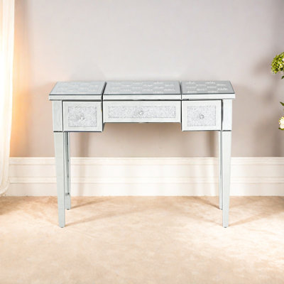 Mirrored Makeup Vanity Desk With Crushed Diamond Inlay, Silver Dressing Table With Flip-Top Mirror, Glass Console Table For Bedroom, Entryway, Dressing Room, Silver