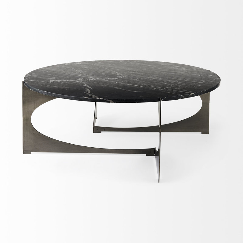Giles Marble Top Single Coffee Table, Black Top/Antique Nickel Base